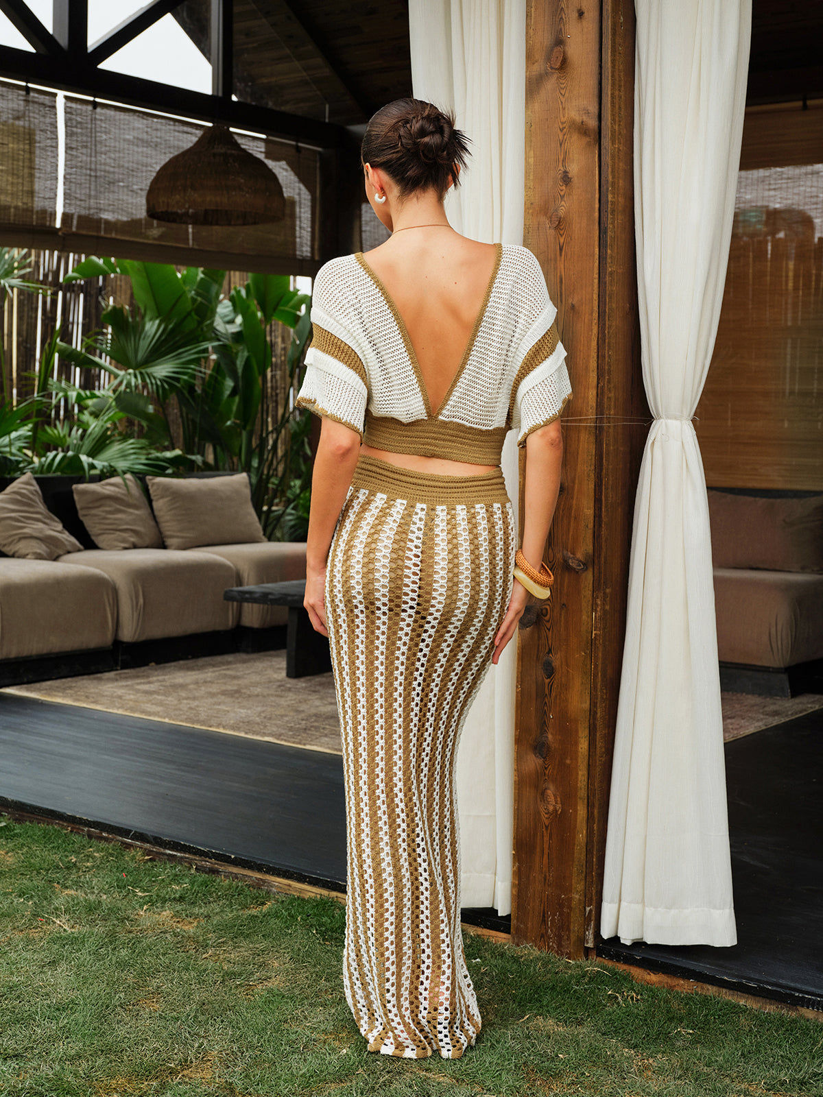 Crochet Stripe Skirt Set with Tassel Tie Waist and Bohemian Style