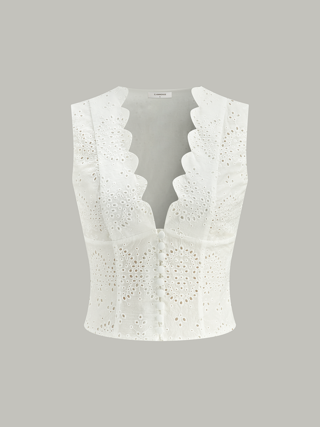 Scalloped Neckline Button-Front Eyelet Crop Top with Short Sleeves for Women