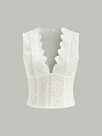 Scalloped Neckline Button-Front Eyelet Crop Top with Short Sleeves for Women