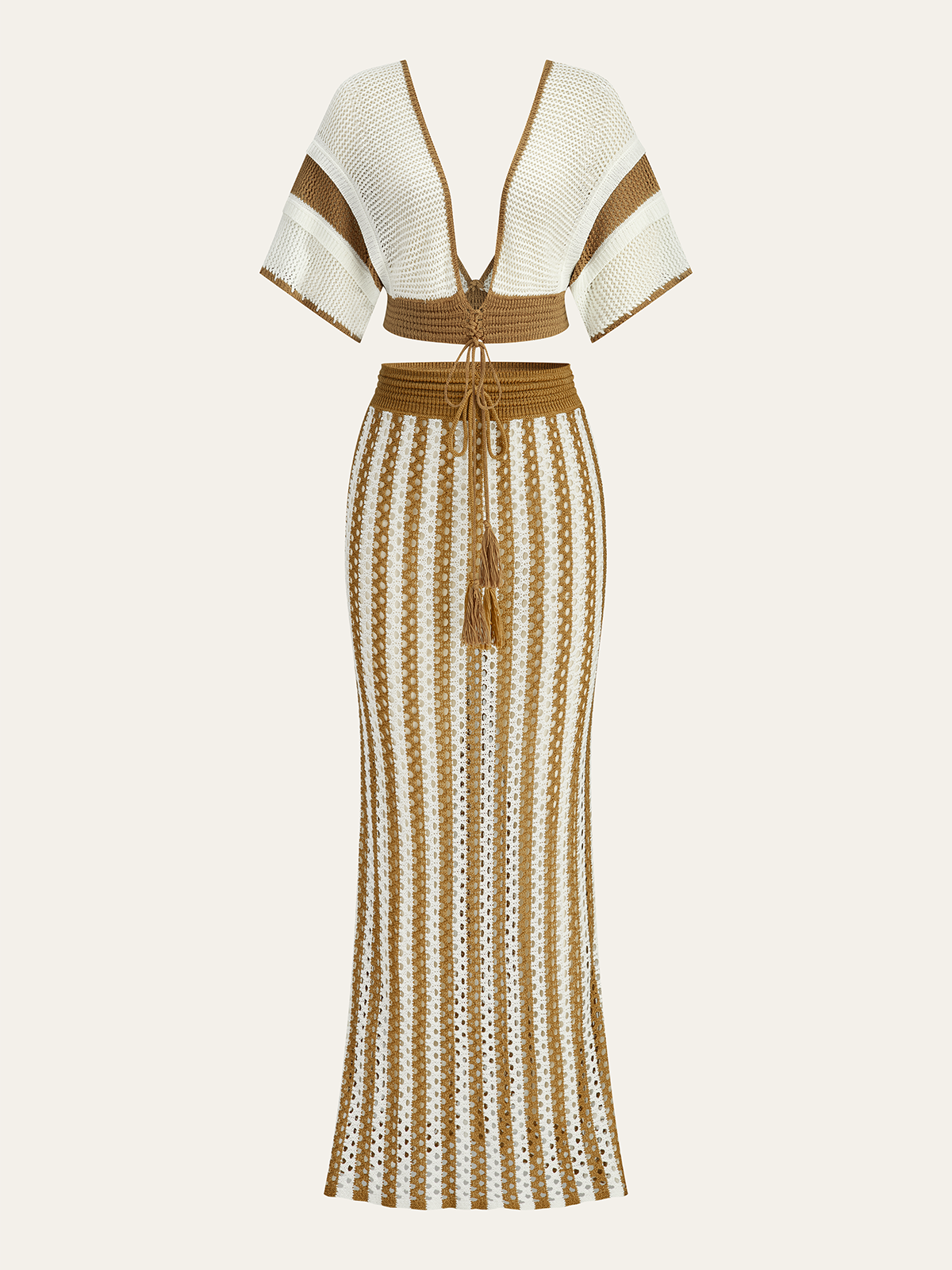 Crochet Stripe Skirt Set with Tassel Tie Waist and Bohemian Style