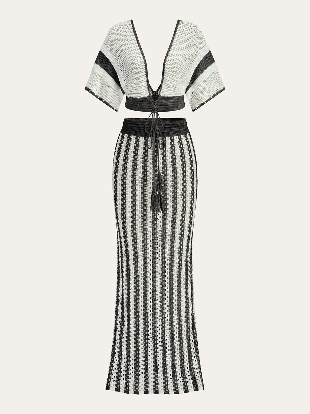 Crochet Stripe Skirt Set with Tassel Tie Waist and Bohemian Style