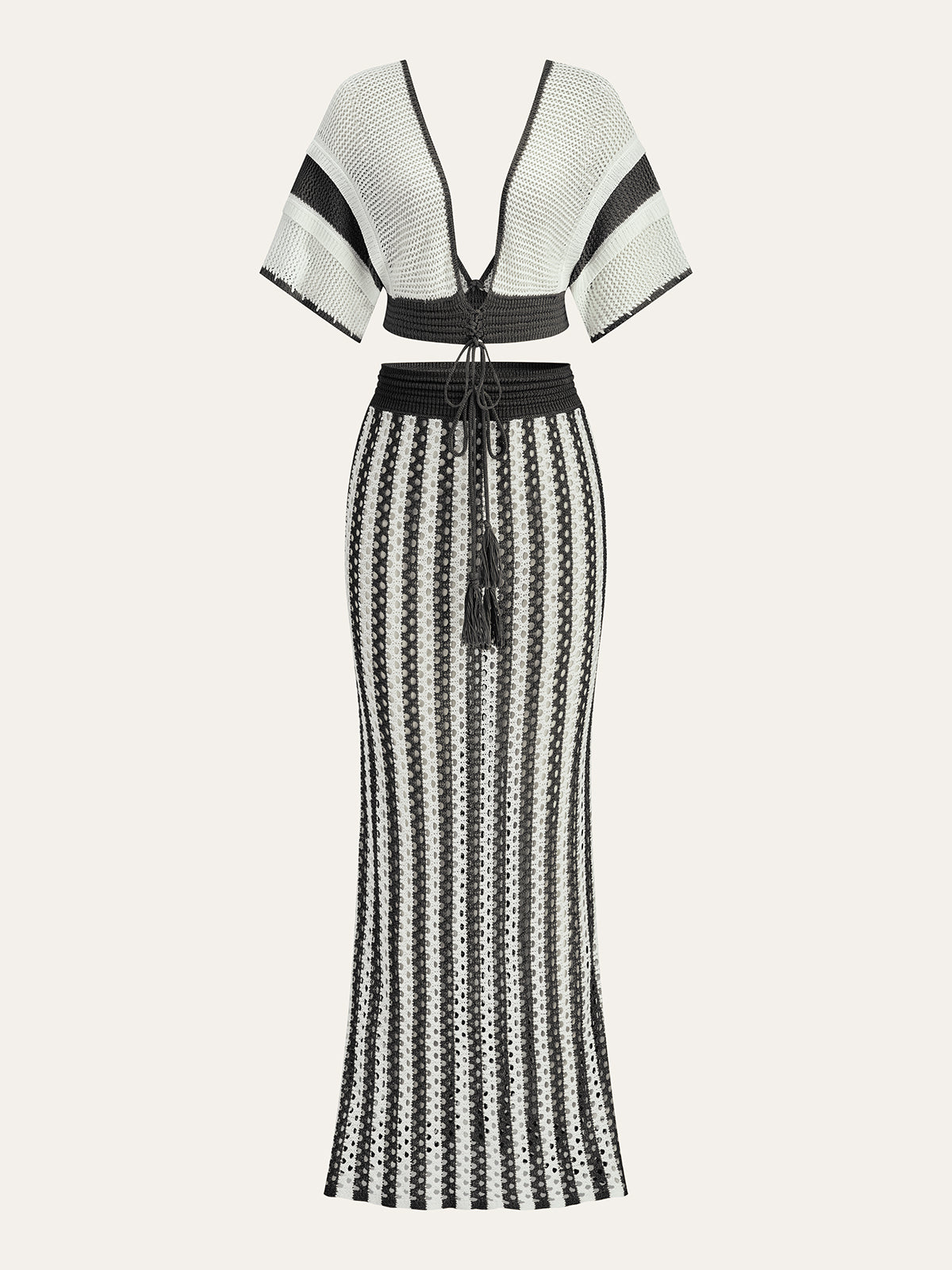 Crochet Stripe Skirt Set with Tassel Tie Waist and Bohemian Style