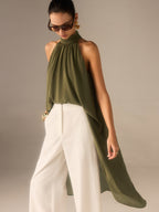 Semi-Sheer Halter-Neck Chiffon Long Top Elegant Flowy Design