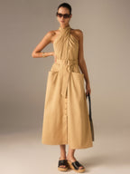 Cotton Pleated Halter Neck Belted Midi Dress with Side Pockets for Women