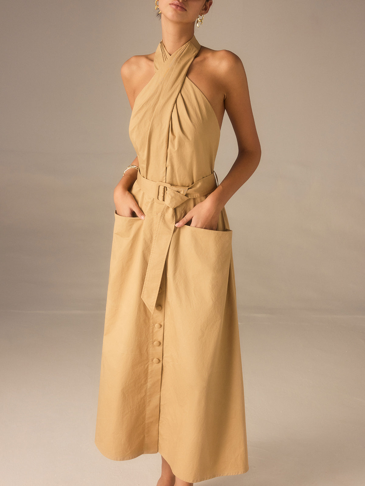 Cotton Pleated Halter Neck Belted Midi Dress with Side Pockets for Women
