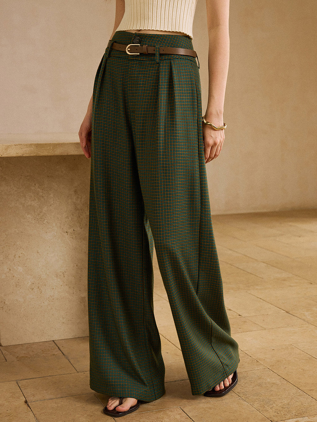 Vintage Plaid High-Waisted Pants with Belt, Retro Style Women's Trousers