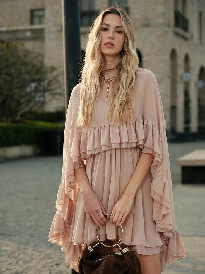Semi-Sheer Chiffon Ruffle Dress With Flowing Outer Cape Elegant Layers