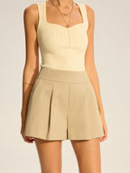 Cotton Blend Mid-Waist Pleated Shorts for Women Casual Summer
