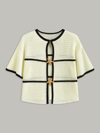Contrast Trim Starfish Button Knitted Top, Cozy Casual Long Sleeve Pullover