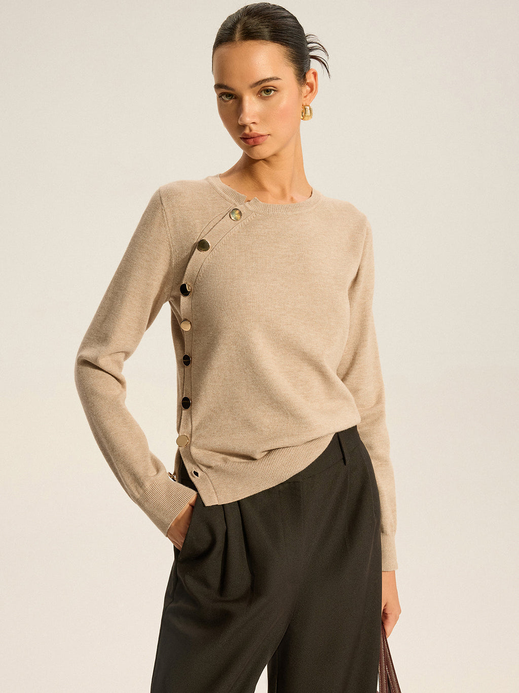 Asymmetric Button Knit Top for Women, Casual Long Sleeve Pullover