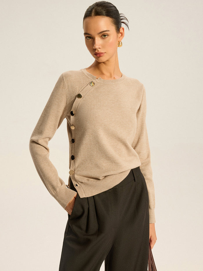 Asymmetric Button Knit Top for Women, Casual Long Sleeve Pullover