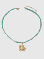 Turquoise Beaded Choker with Sun-Moon Pendant, Adjustable Boho Style Necklace