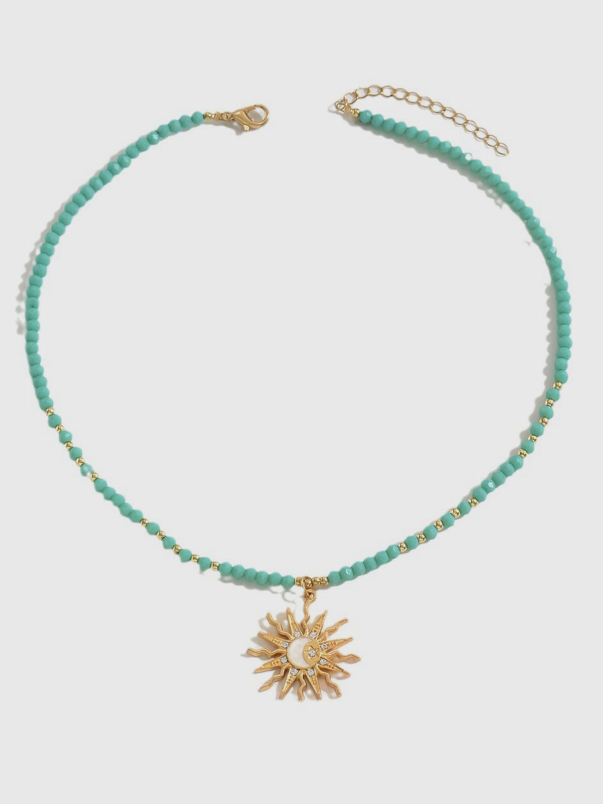 Turquoise Beaded Choker with Sun-Moon Pendant, Adjustable Boho Style Necklace