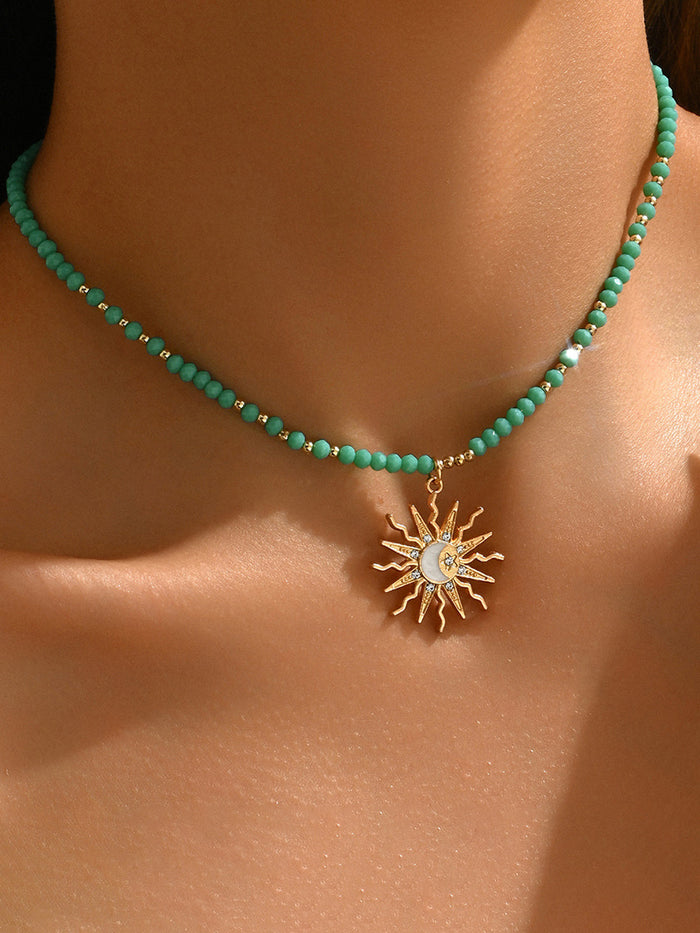 Turquoise Beaded Choker with Sun-Moon Pendant, Adjustable Boho Style Necklace