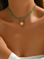 Turquoise Beaded Choker with Sun-Moon Pendant, Adjustable Boho Style Necklace
