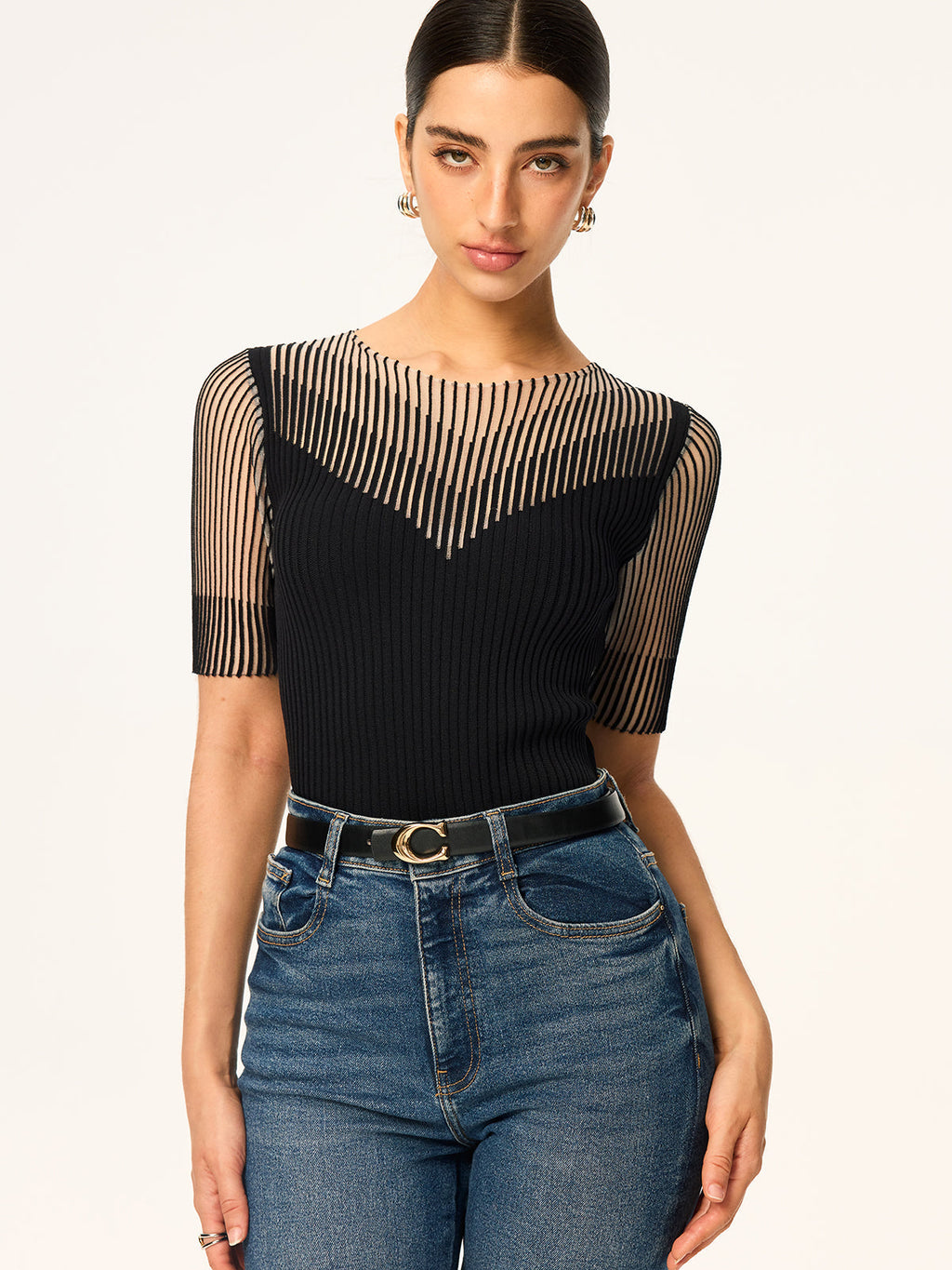 Sheer Striped Panel Ribbed Knit Top for Women Comfortable Casual Wear