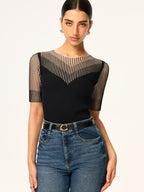 Sheer Striped Panel Ribbed Knit Top for Women Comfortable Casual Wear