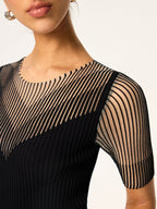 Sheer Striped Panel Ribbed Knit Top for Women Comfortable Casual Wear