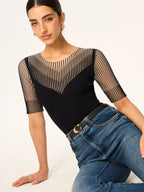 Sheer Striped Panel Ribbed Knit Top for Women Comfortable Casual Wear