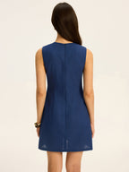 Linen & Cotton Cut-Out Contrast-Stitch Mini Dress Women's Summer Fashion