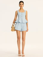 Textured Fabric Metal Button Peplum Vest with Adjustable Waist Ties
