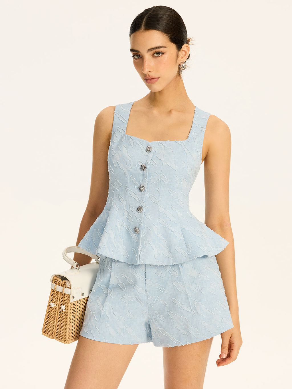 Textured Fabric Metal Button Peplum Vest with Adjustable Waist Ties