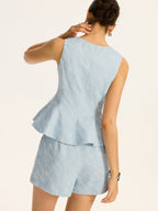 Textured Fabric Metal Button Peplum Vest with Adjustable Waist Ties