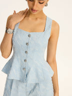 Textured Fabric Metal Button Peplum Vest with Adjustable Waist Ties