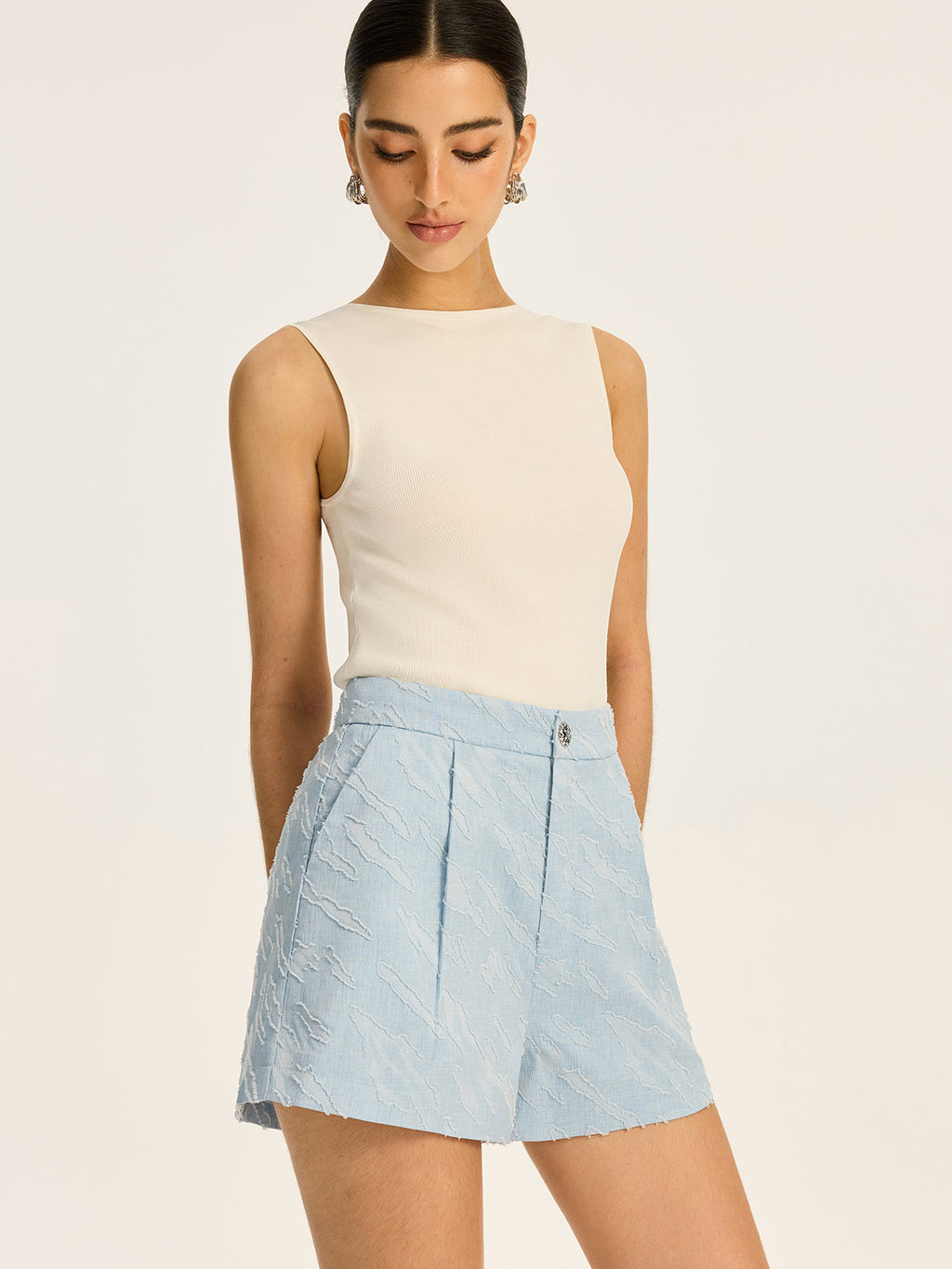 Textured Fabric Metal Button Mid-Waisted Shorts, Versatile Summer Casual Wear