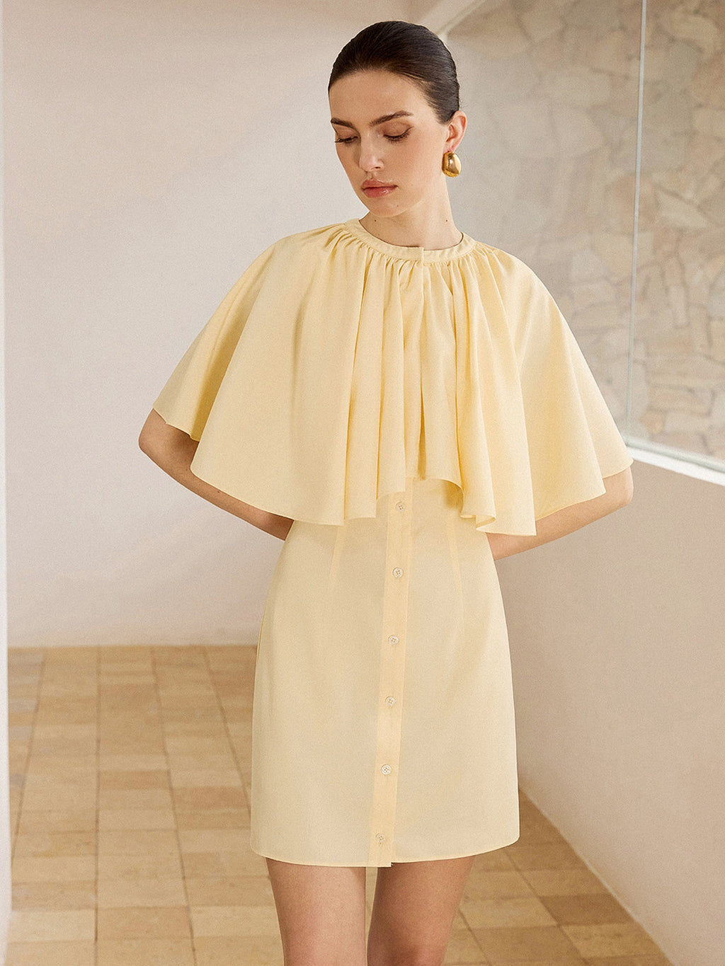 Cape-Sleeve Button-Front Mini Dress for Women Casual Daywear