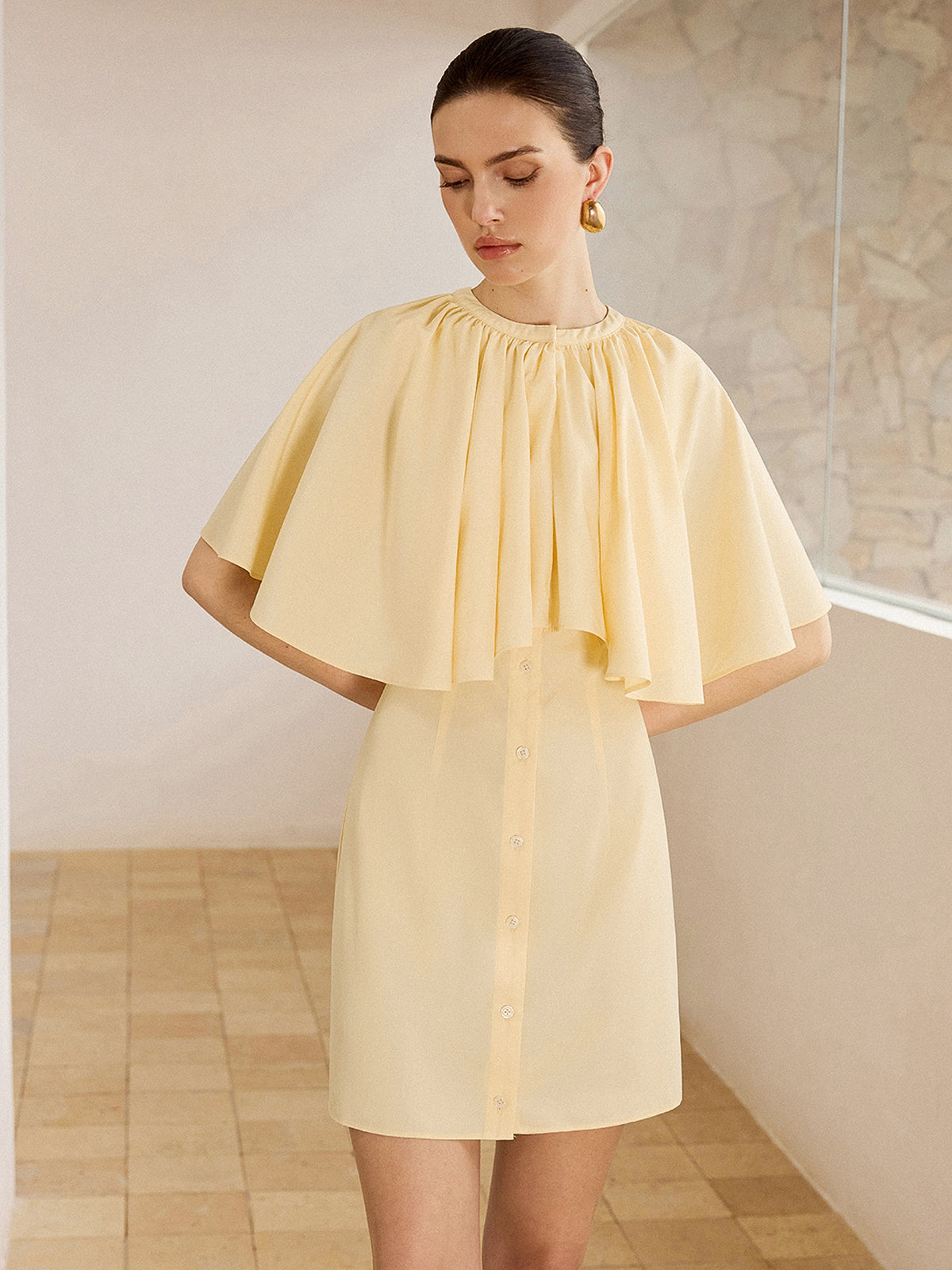 Cape-Sleeve Button-Front Mini Dress for Women Casual Daywear