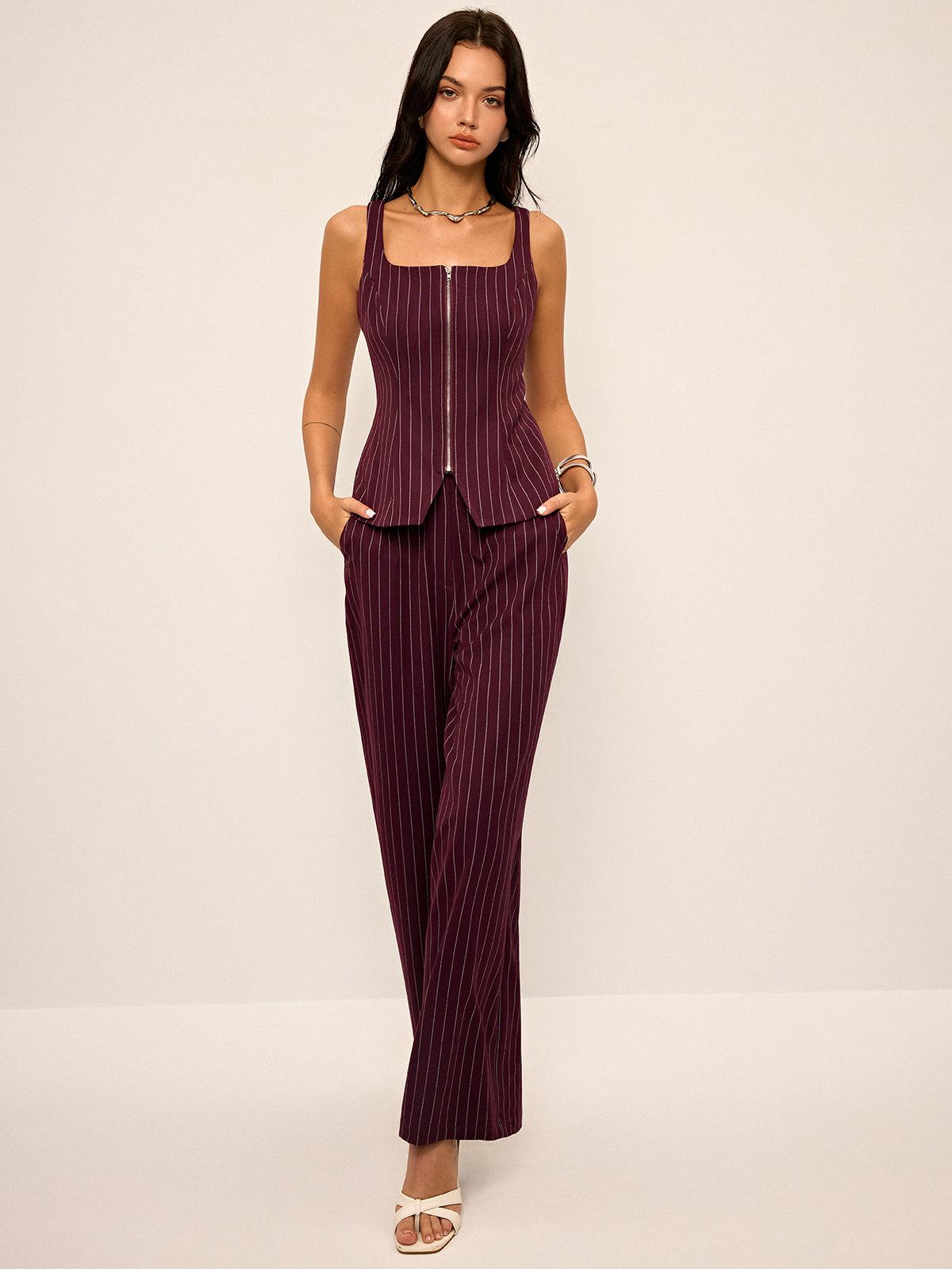 Pinstripe Wide-Leg Straight Pants for Women High Waist