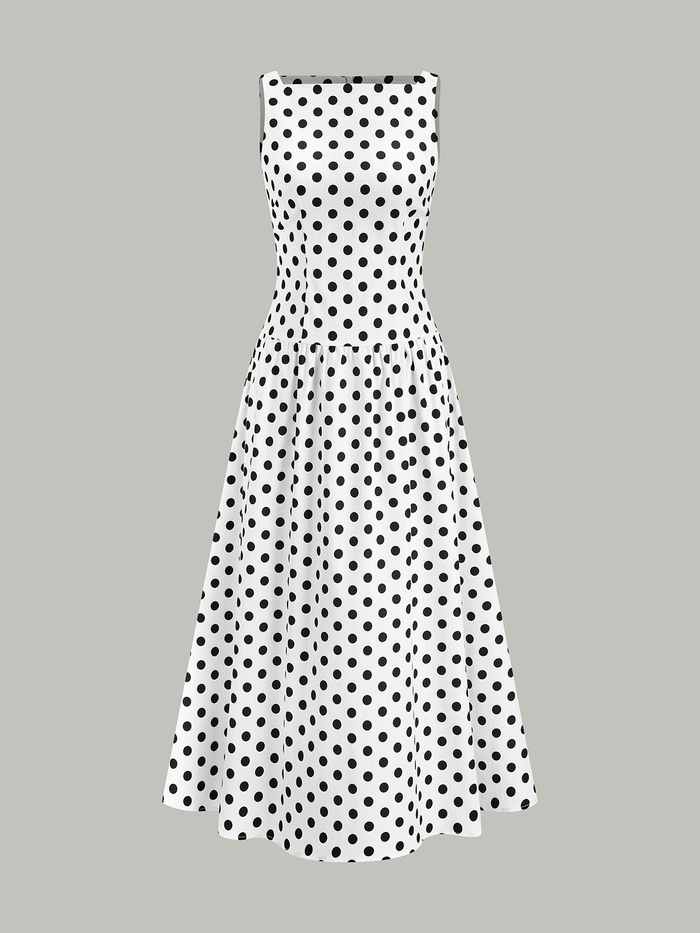 Polka Dot Sleeveless Midi Dress with Belted Waist