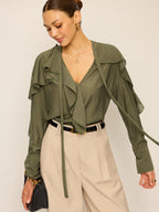 Neckline Tie Ruffled Blouse Elegant Women's Fashion Top