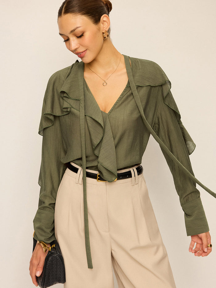Neckline Tie Ruffled Blouse Elegant Women's Fashion Top