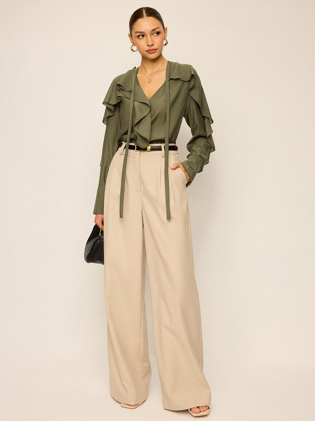 Neckline Tie Ruffled Blouse Elegant Women's Fashion Top