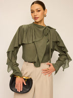 Neckline Tie Ruffled Blouse Elegant Women's Fashion Top