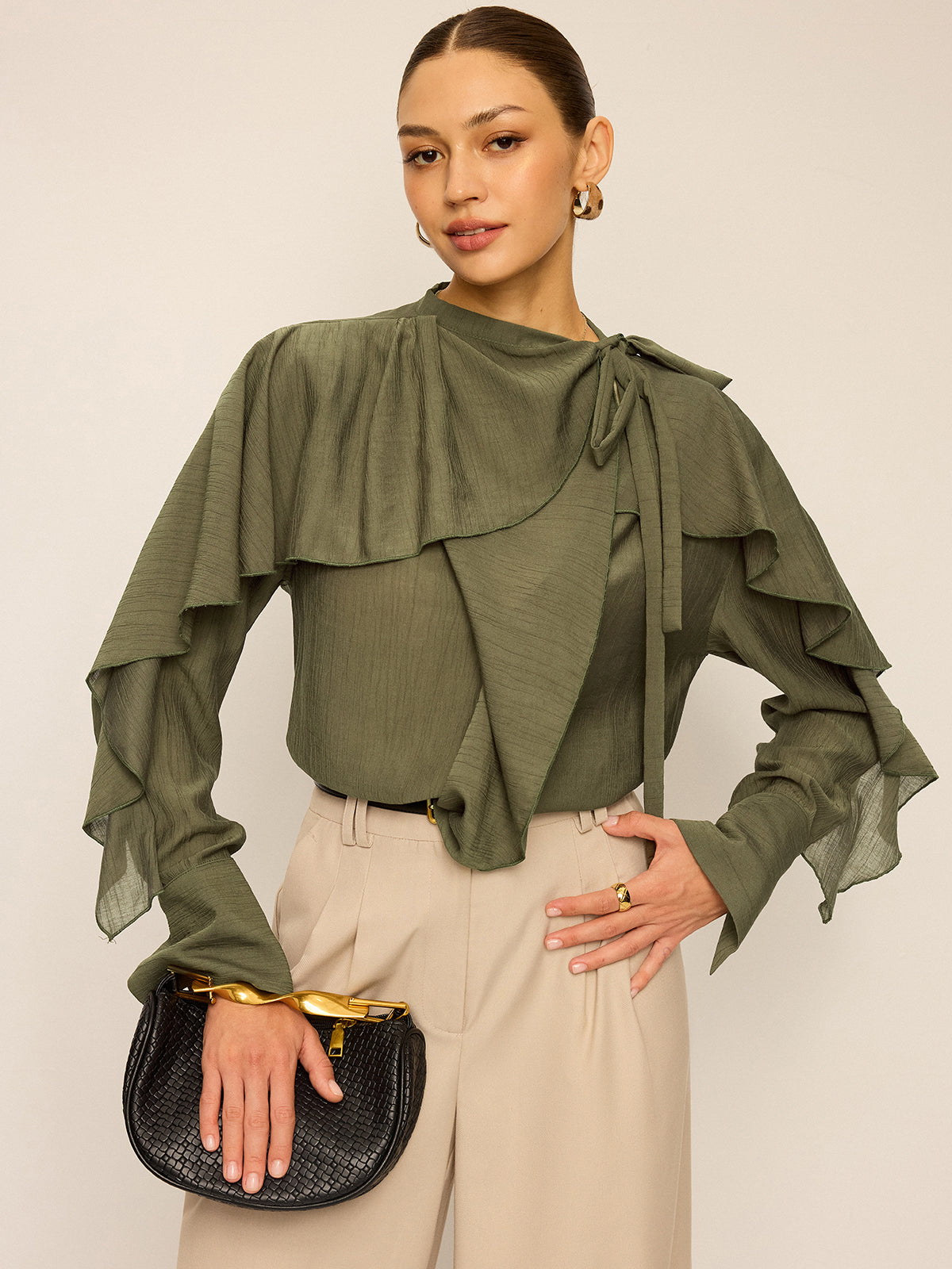 Neckline Tie Ruffled Blouse Elegant Women's Fashion Top