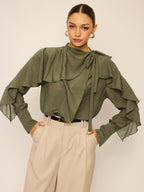 Neckline Tie Ruffled Blouse Elegant Women's Fashion Top