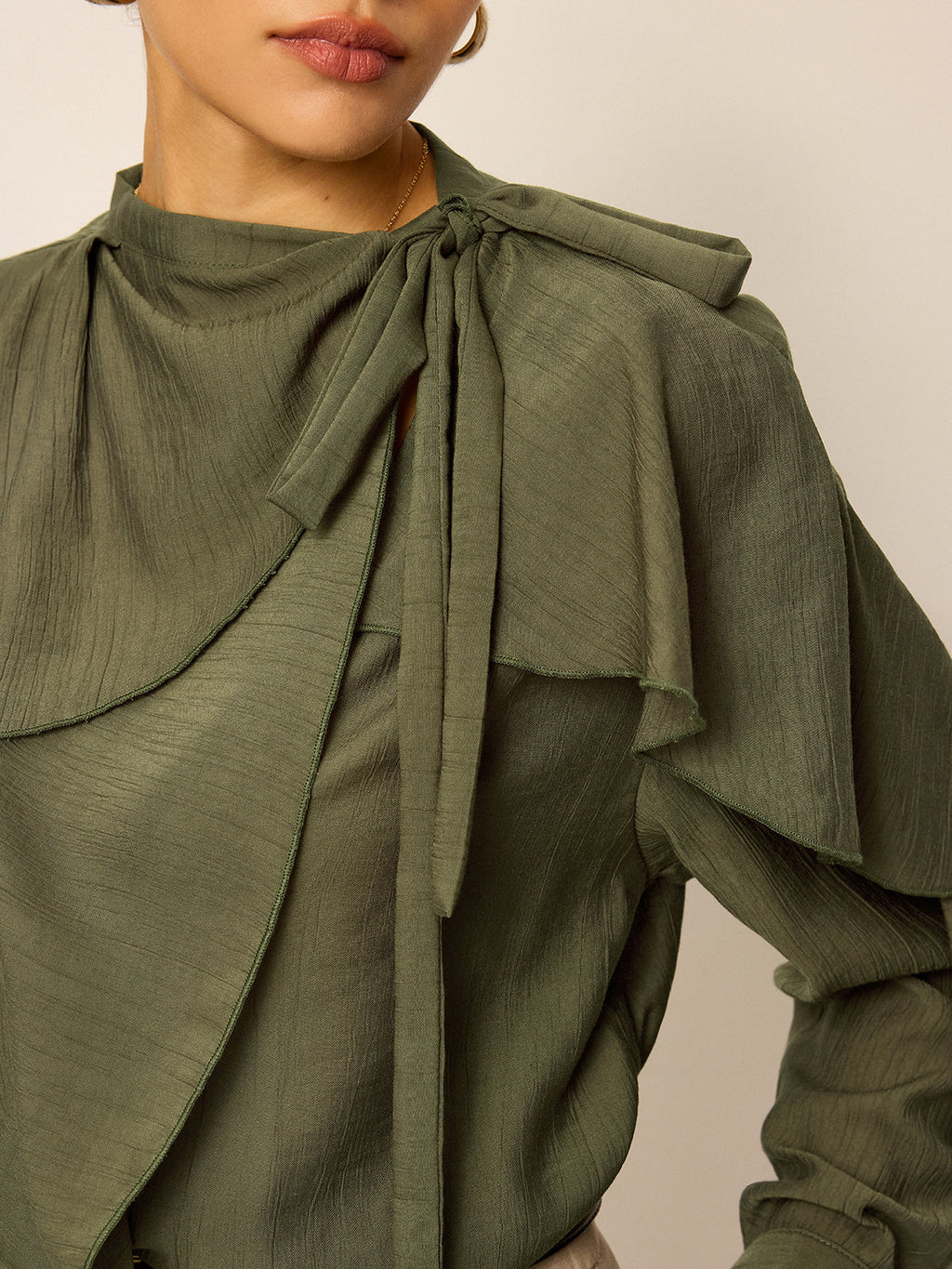 Neckline Tie Ruffled Blouse Elegant Women's Fashion Top