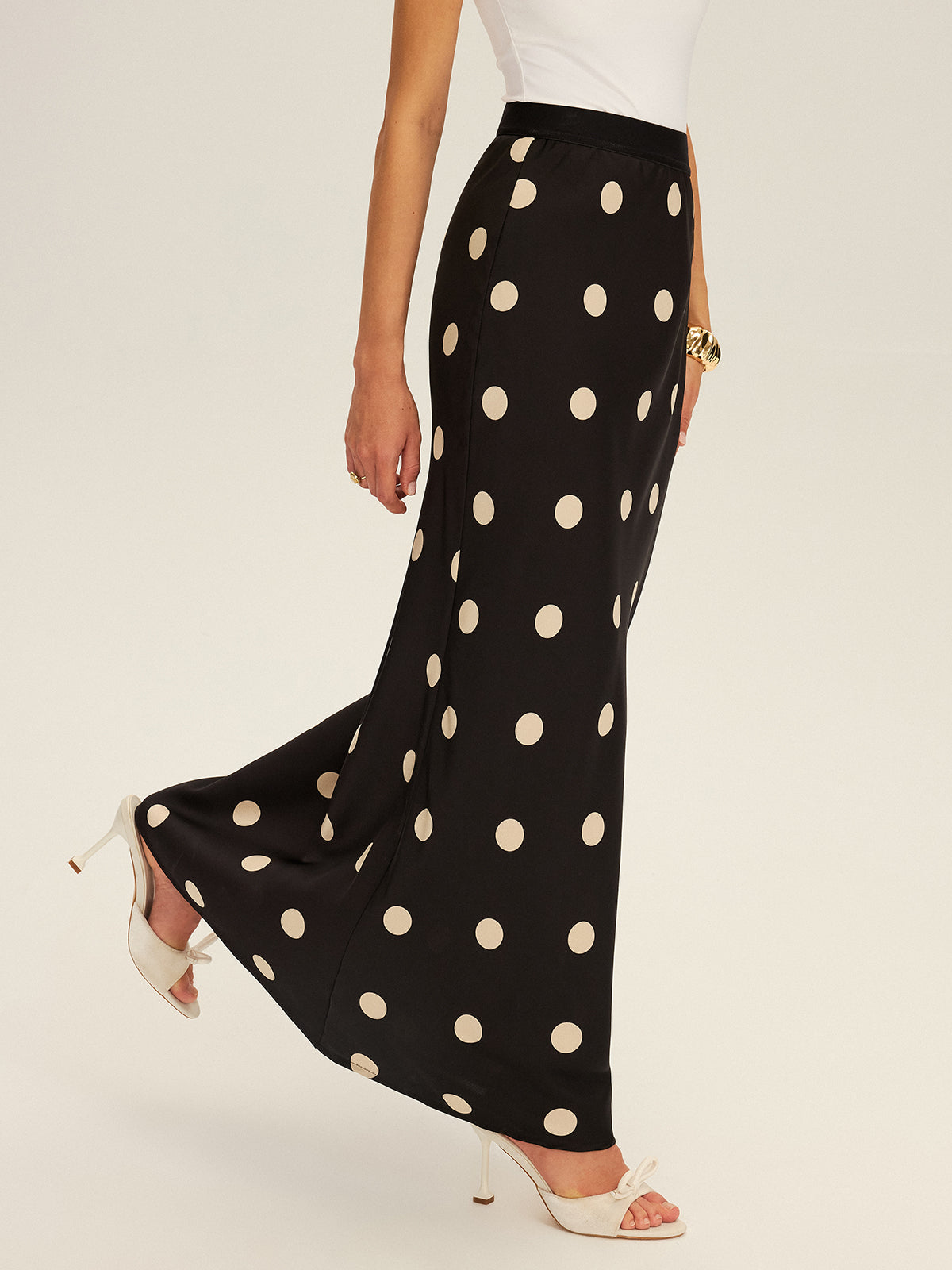 Satin Polka Dot Maxi Skirt for Women, Flowy and Elegant.