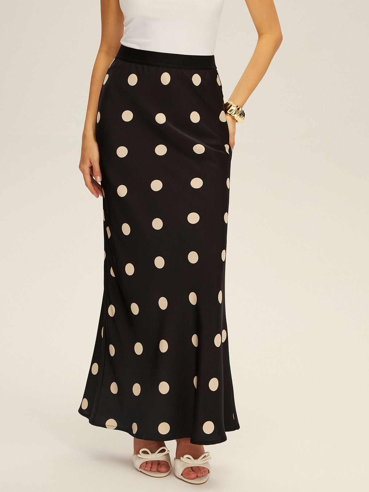 Satin Polka Dot Maxi Skirt for Women, Flowy and Elegant.
