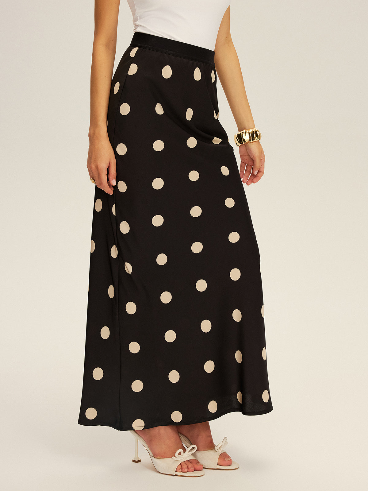 Satin Polka Dot Maxi Skirt for Women, Flowy and Elegant.