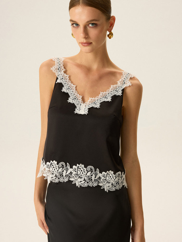 Semi-Sheer Lace Trim Cami Top Lightweight Sleeveless Blouse