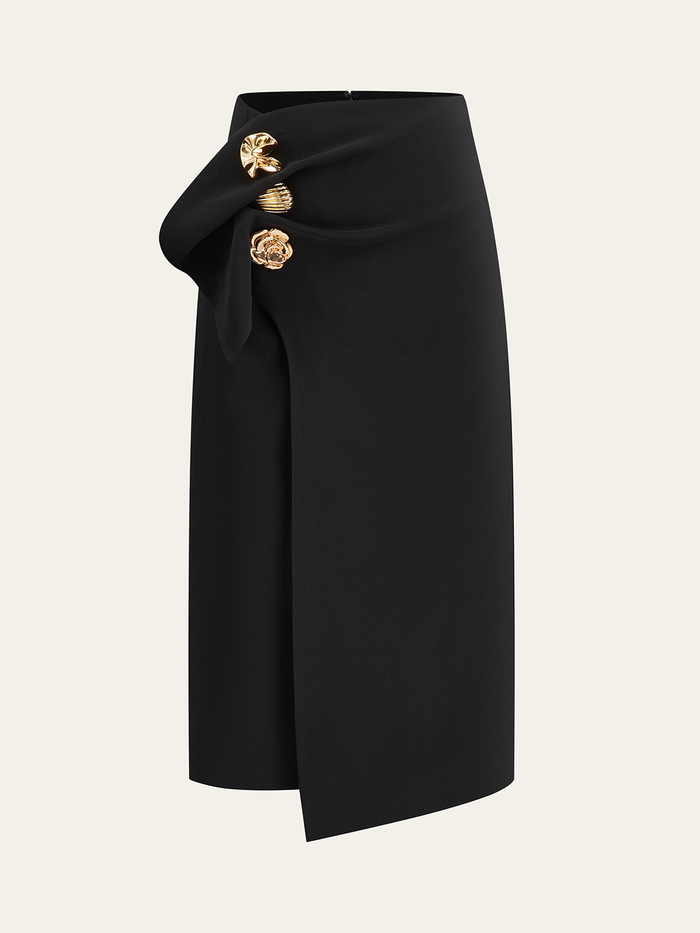Metal Detail Asymmetric Midi Skirt with High Waist Design