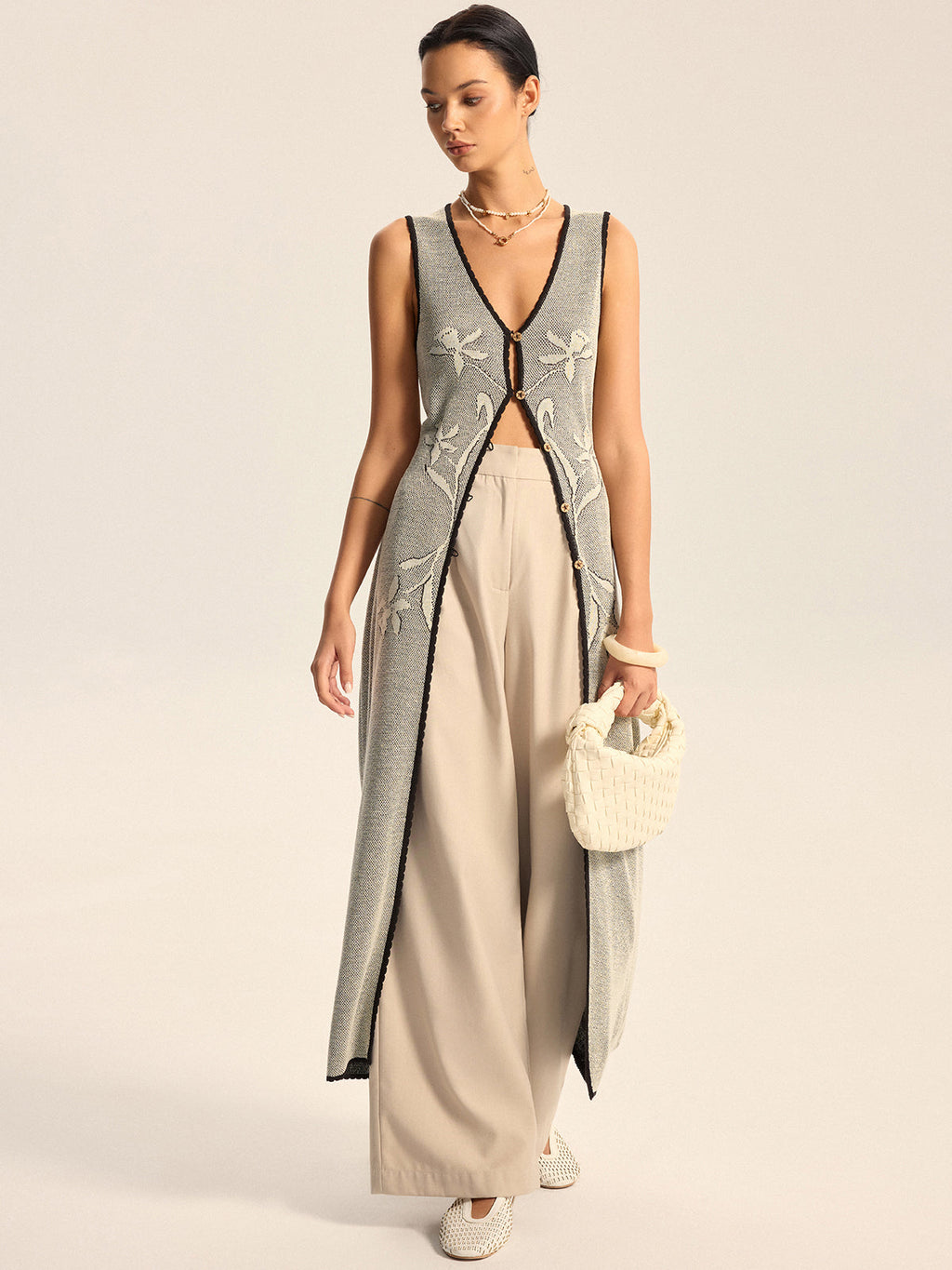 Floral Contrast Trim Knit Maxi Vest with Side Pockets and Belt