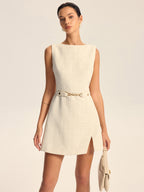 Tweed Slit Mini Dress with Detachable Belt, Elegant Office Wear