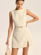 Tweed Slit Mini Dress with Detachable Belt, Elegant Office Wear