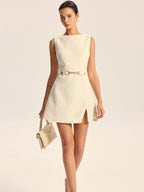 Tweed Slit Mini Dress with Detachable Belt, Elegant Office Wear