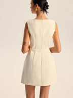 Tweed Slit Mini Dress with Detachable Belt, Elegant Office Wear